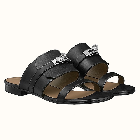 Hermes Avenue Sandals 38 Black SILVER PHW Brand New